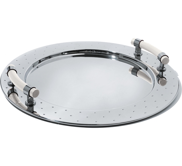 Serveringsfat rundt m hvite håndtak fra Alessi