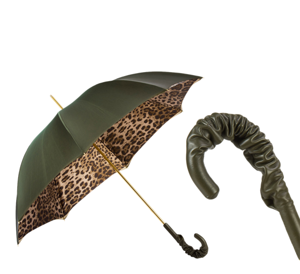 Paraply lang leopardprint olivengrønn med skinnhåndtak fra Pasotti Ombrelli