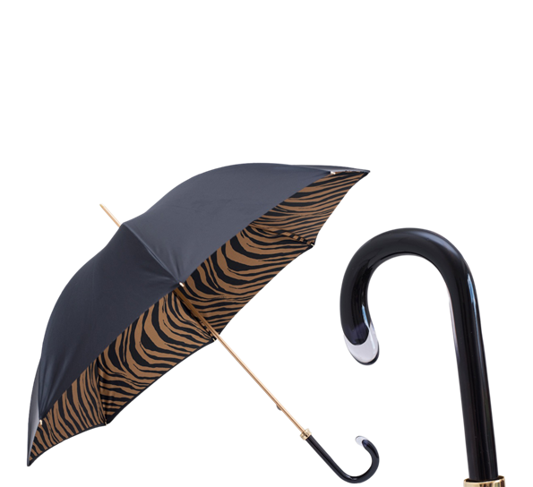 Paraply lang brun zebraprint sort fra Pasotti Ombrelli