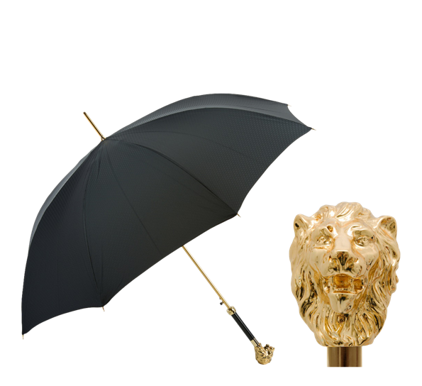 Paraply lang med løvehode gull sort fra Pasotti Ombrelli