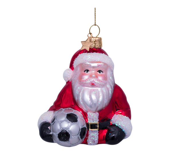 Glassornament julenisse med fotball rød 8,5 cm Vondels