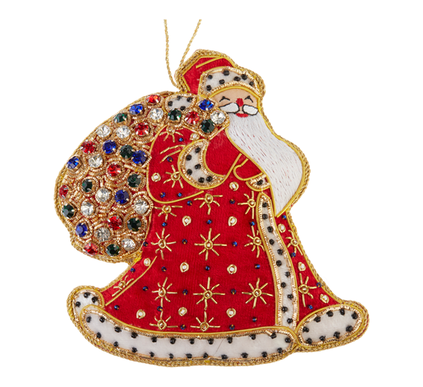 <p>Julenissen med broderinger 14,5cm krystaller rød Tinker Tailor</p>
