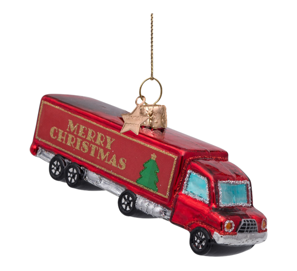Glassornament lastebil merry christmas rød H5 cm fra Vondels
