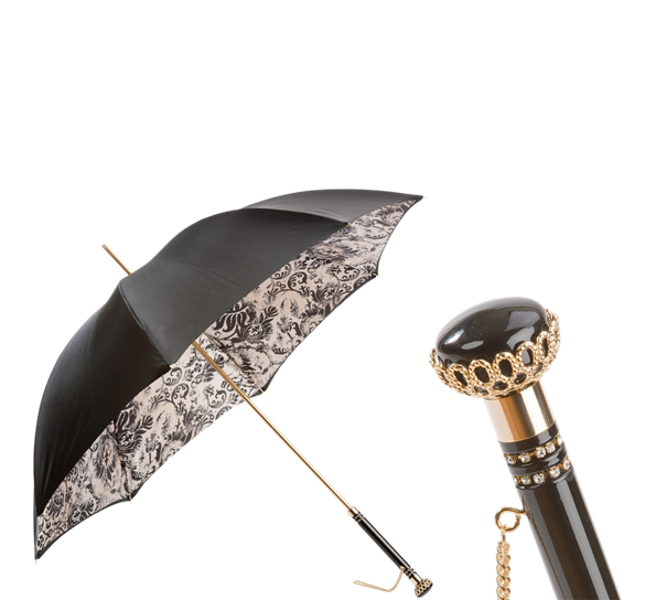 Paraply lang blomstertrykk med blader sort hvit fra Pasotti Ombrelli