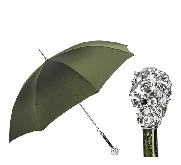 Paraply lang med løvehode sølv grønn fra Pasotti Ombrelli