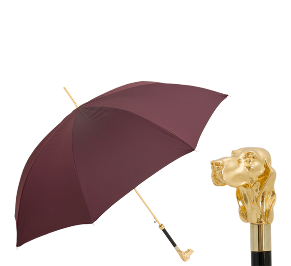 Paraply lang med hundehode burgunder gull Pasotti Ombrelli