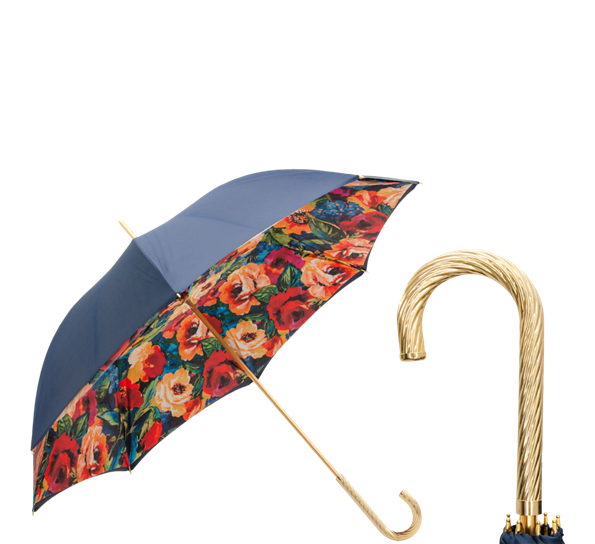 Paraply lang med blomsterbukett blå gull Pasotti Ombrelli