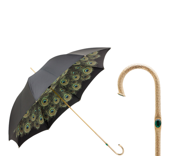 Paraply lang med påfuglmønster grønn sort gull Pasotti Ombrelli