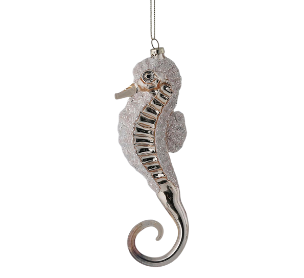 Julekule sjøhest 18 cm glitterkropp sølv EDG Enzo de Gasperi