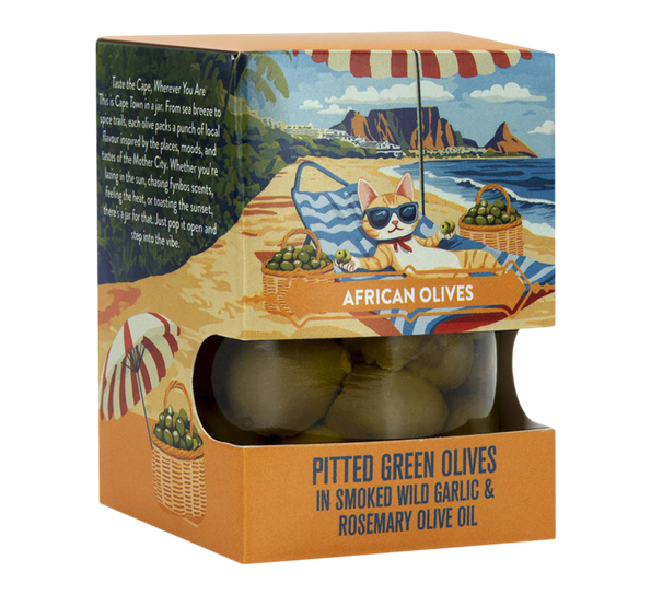 Grønne oliven i kaldpresset olivenolje 120g røkt ramsløk og rosmarin African Oils