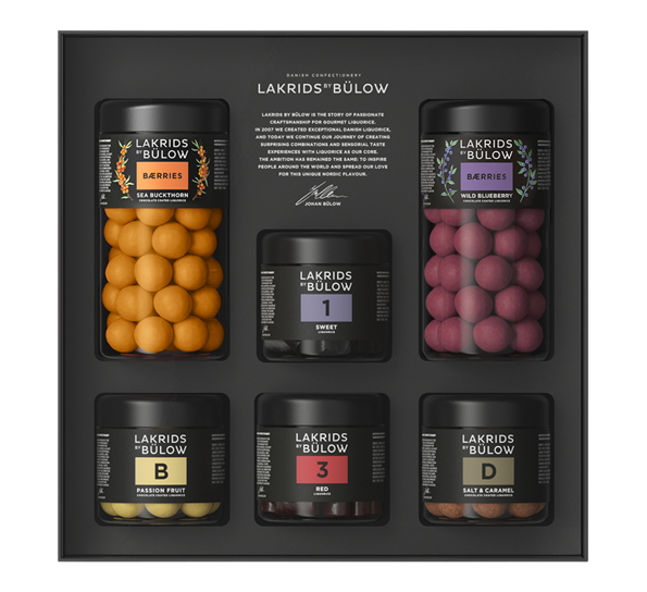 Bærries Black Box stor Wild Blueberry & Sea buckthorn. fra Lakrids By Johan Bülow