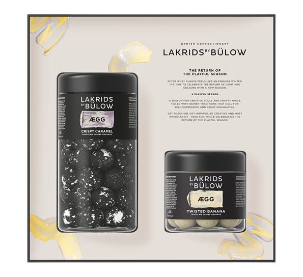 Ægg Black Box standard Crispy Caramel + liten Twisted Banana 420g fra Lakrids By Johan Bülow