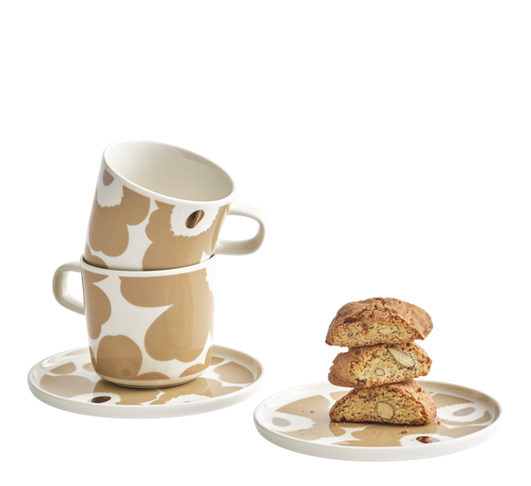 Oiva Unikko kopp og asjett sett hvit beige sølv fra Marimekko