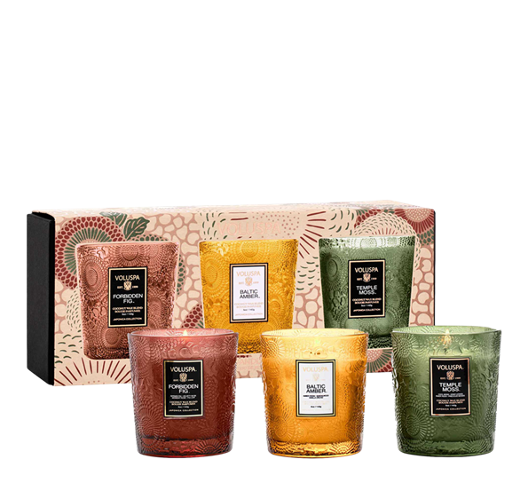 Duftlys gavesett 3-pk Forbidden Fig, Baltic Amber, Temple Moss fra Voluspa