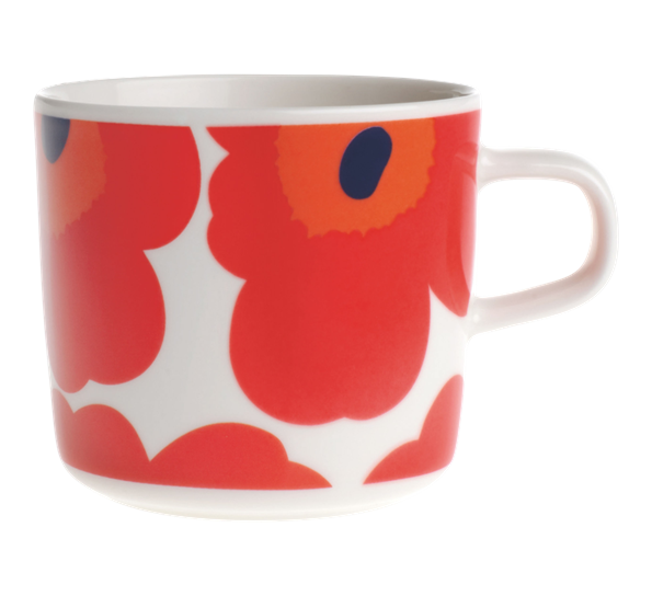 Oiva Unikko kaffekopp 2 dl hvit rød blå fra Marimekko