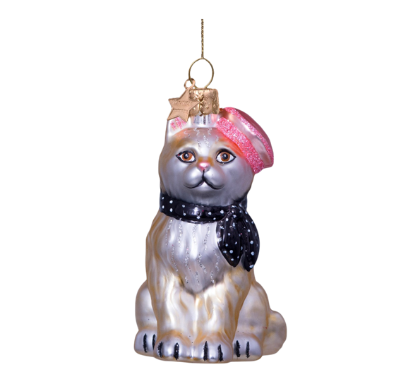 Glassornament katt med hatt og skjerf H8,5 cm fra Vondels