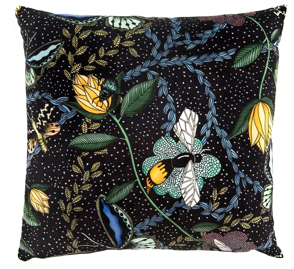 Bugs & Butterflies fløyelspute 48x48 cm sort