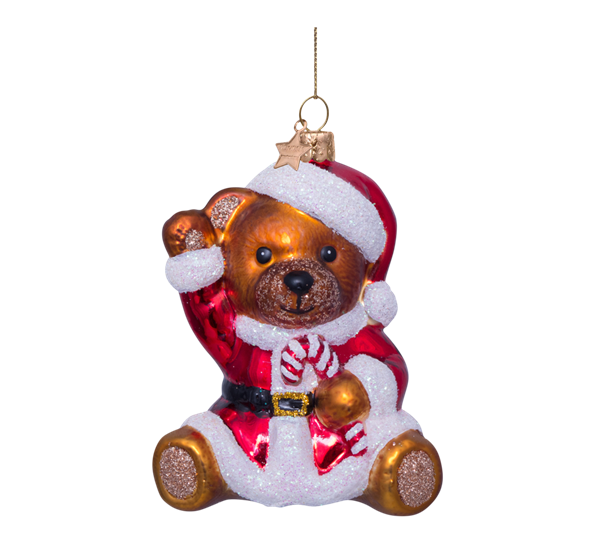 Glassornament teddybjørn i nissedrakt rød 9,5 cm Vondels