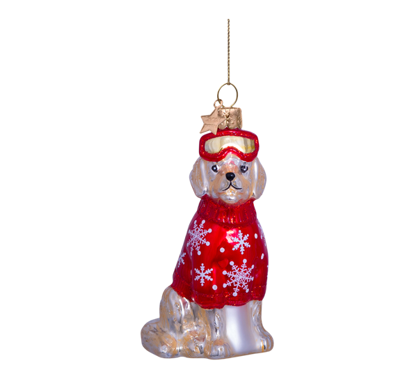 Glassornament golden retriever med skidress rød 9,5 cm Vondels