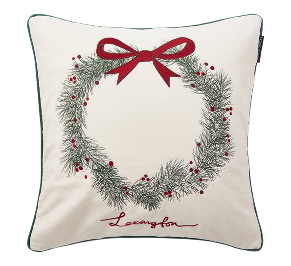 Putetrekk fløyel furukrans hvit grønn rød 50x50 cm Lexington