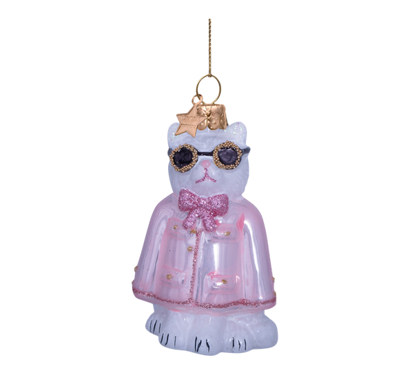 Glassornament fashion katt med rosa jakke 7,5 cm Vondels