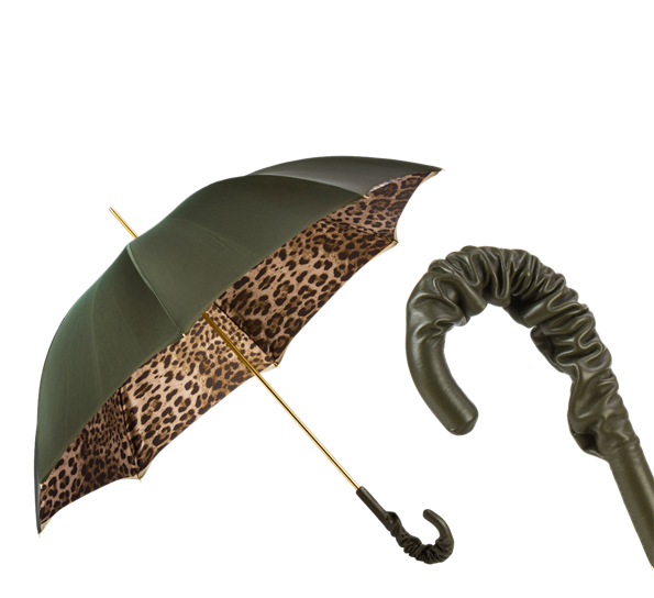 Paraply lang leopardprint olivengrønn med skinnhåndtak fra Pasotti Ombrelli