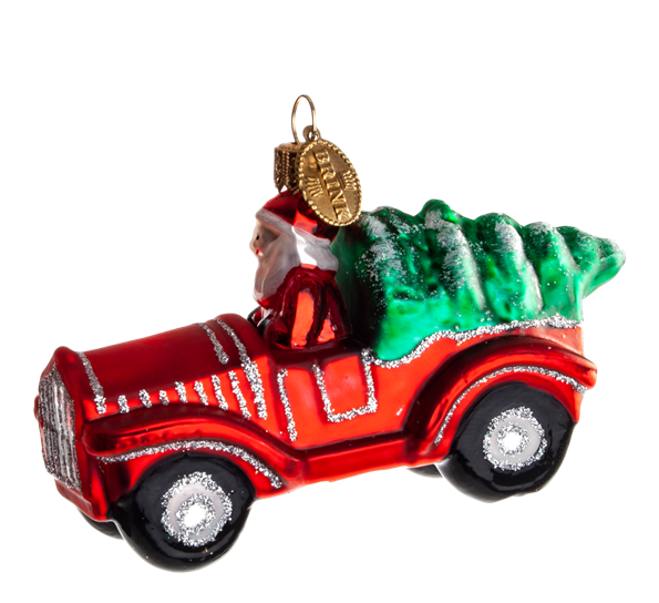 Julekule nissen i rød bil med juletre 9x5 cm fra Brink Nordic