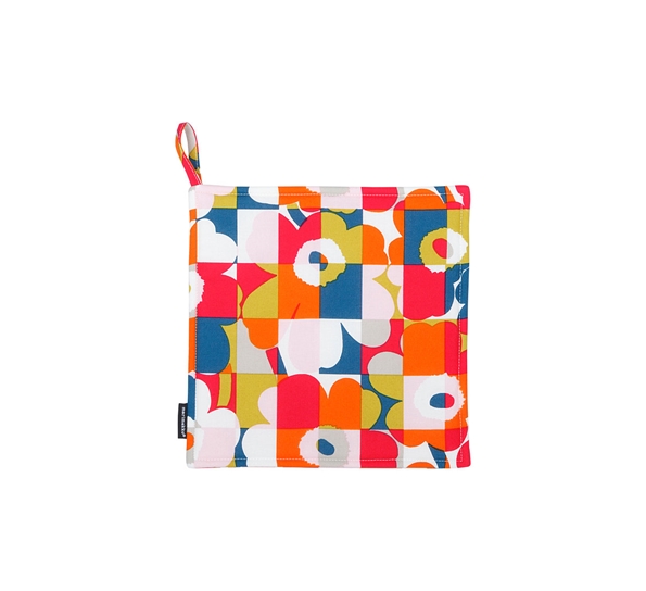 Mini Ruutu-Unikko grytelapp blå rød lime fra Marimekko