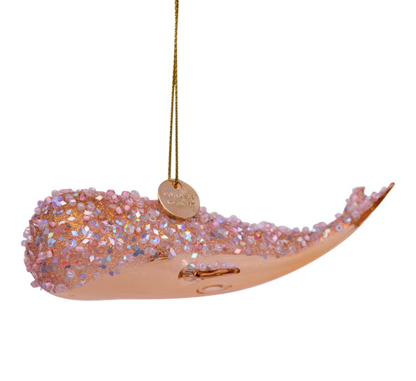 Glassornament hval med perler rosa H2.5 cm fra Vondels