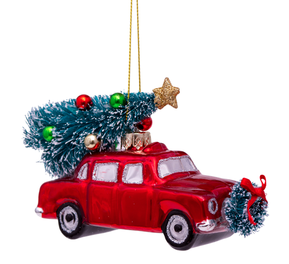 Glassornament rød bil med juletre H5.5 cm fra Vondels