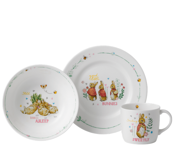 Peter Rabbit barnesett 3d asjett, skål, krus rosa fra Wedgwood