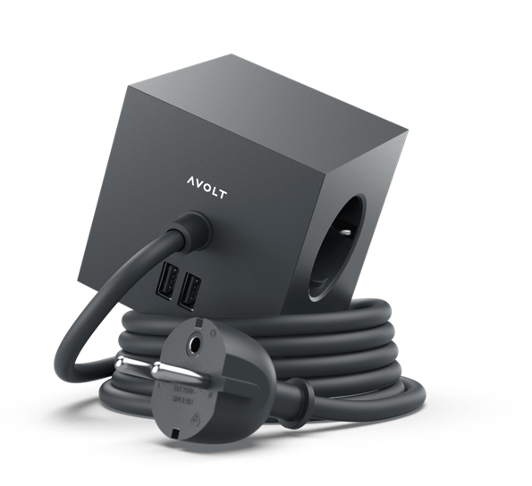 Square 1 Stockholm sort skjøteledning 1,8 meter med USB og magnet fra Avolt