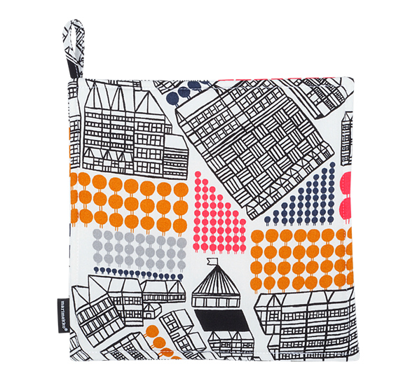 Puisto Osasto grytelapp hvit sort blå fra Marimekko