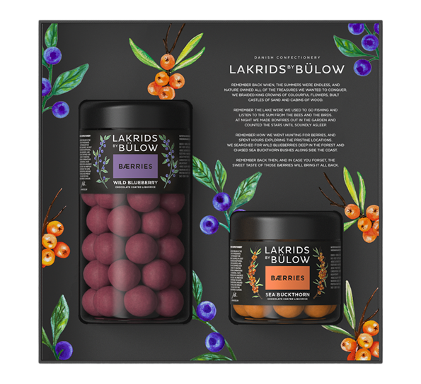 Bærries Black Box standard+liten Wild blueberry & Sea buckthorn. fra Lakrids By Johan Bülow