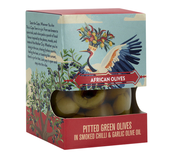 Grønne oliven i kaldpresset olivenolje 120g røkt chili og hvitløk African Oils