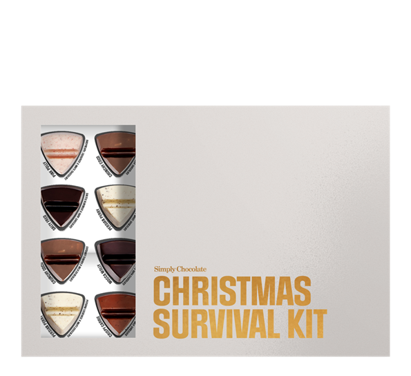 Gaveeske Christmas Survival Kit 24 stk a 10g fra Simply Chocolate