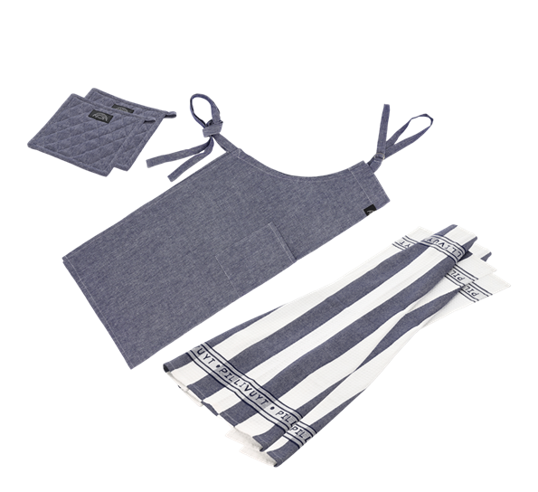 Forkle, kjøkkenhåndkle og grytelapper blå hvit fra Pillivuyt