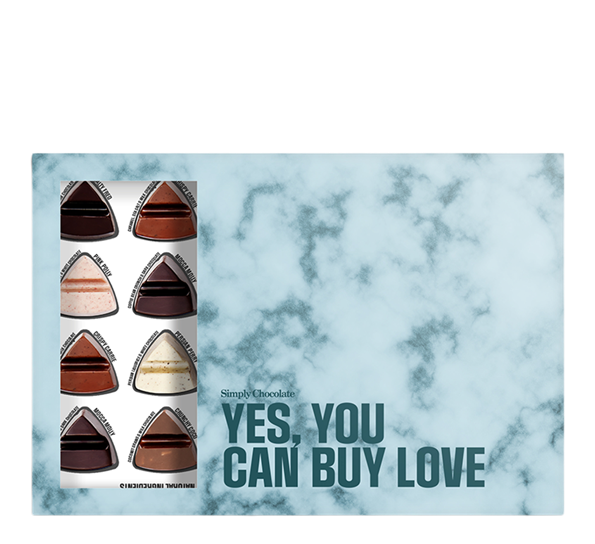 Gaveeske Yes You Can Buy Love 24 stk a 10g fra Simply Chocolate