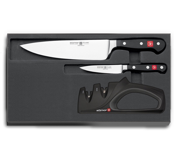 Classic knivsett kokkekniv, grønnsakskniv og knivsliper fra Wüsthof