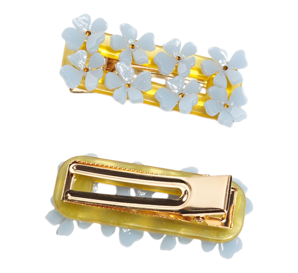 <p>Hårklemme blomster i lyseblå og gull Designforevig accessories</p>
