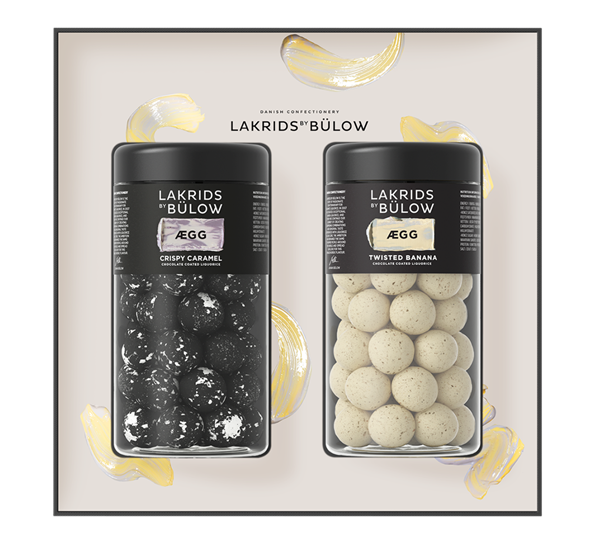Ægg Black Box standard Twisted Banana + liten Crispy Caramel 420g fra Lakrids By Johan Bülow