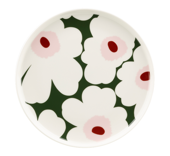 Unikko asjett 20 cm mørkegrønn hvit rosa Marimekko