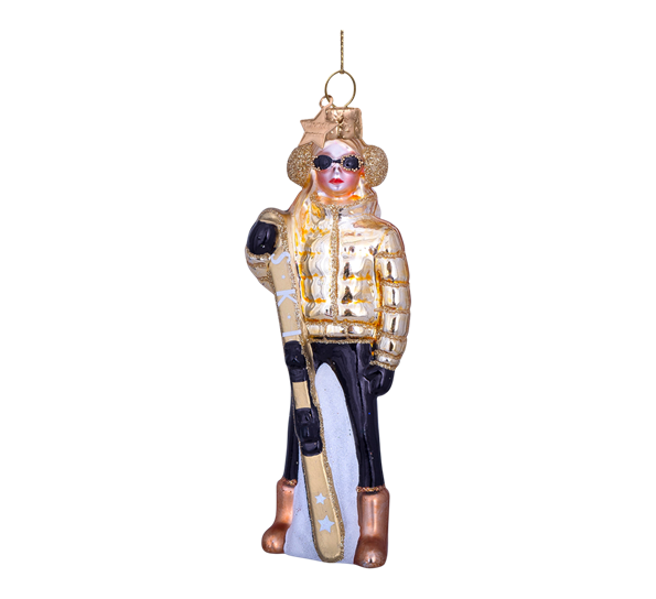 Glassornament skijente gull 13 cm Vondels