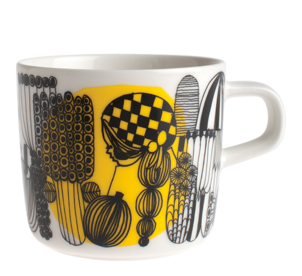 Oiva Siirtolapuutarha kaffekopp 2 dl hvit sort gul fra Marimekko