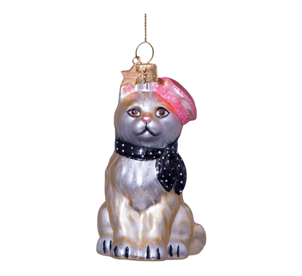 Glassornament katt med hatt og skjerf H8,5 cm fra Vondels