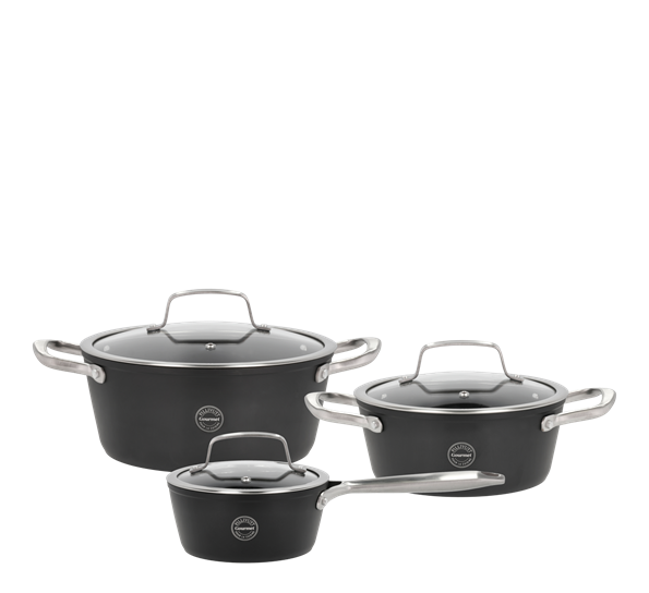 Travo grytesett med glasslokk 3 deler sort aluminium fra Pillivuyt Gourmet