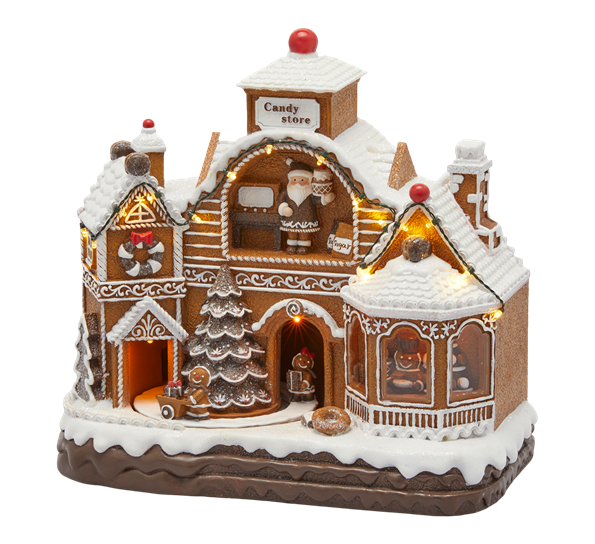 Spilledåse julelandsby Candy Store LED-lys 30 cm hasselnøtt EDG Enzo De Gasperi