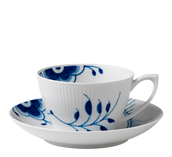 Blå Mega Riflet tekopp med skål 28 cl fra Royal Copenhagen