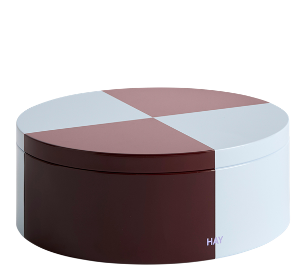 <p>Tin oppbevaringsboks rund burgunder isblå HAY</p>