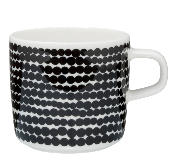 Oiva Siirtolapuutarha kaffekopp 2 dl hvit sort räsymatto fra Marimekko